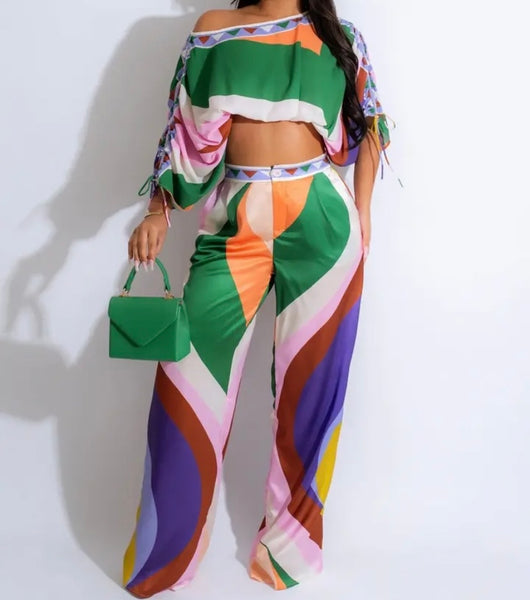 Women Fashion Multicolored Short Sleeve Two Piece Pant Set