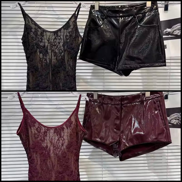 Women Burgundy Sleeveless Bodysuit Two Piece PU Short Set