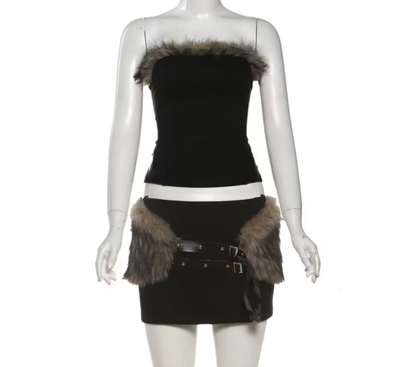 Women Strapless Fur Patchwork Two Piece Sexy Skirt Set