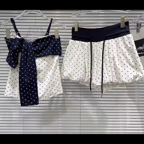 Women Sexy Sleeveless Color Patchwork Polka Dot Two Piece Skirt Set