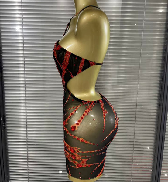 Women Sexy Halter Sleeveless Open Back Red Rhinestone Dress