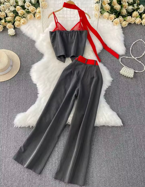 Women Gray Sleeveless Button Up Two Piece Fashion Pant Set