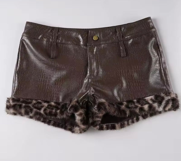 Women Fashion Leopard Fur Patchwork Faux Leather Shorts
