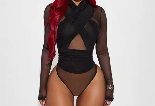 Women Sexy Fashion Criss Cross Mesh Full Sleeve Bodysuit Top