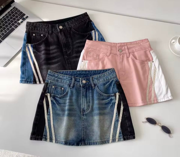 Women Fashion Striped Color Patchwork Denim Skirt
