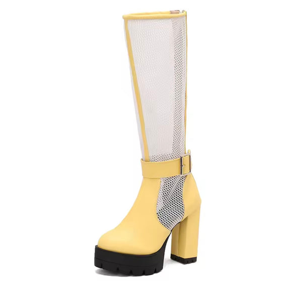 Women Color Buckled Mesh Platform Knee High Fashion Boots