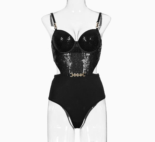 Women Black Sexy Sleeveless Sequins Bodysuit Lingerie