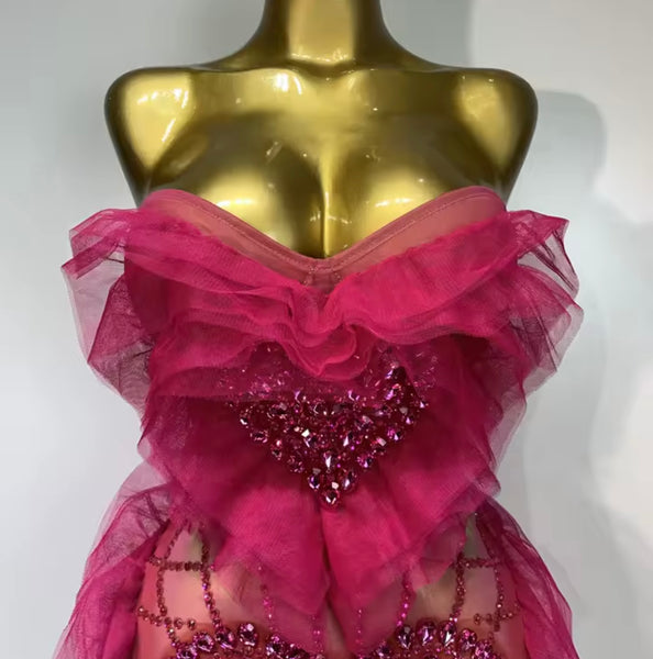 Women Pink Sexy Strapless Ruffle Rhinestone Mesh Dress