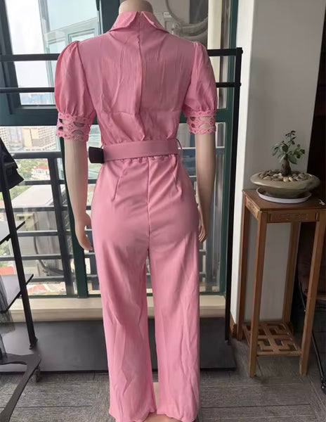 Women Collar Short Sleeve Belted Fashion Jumpsuit