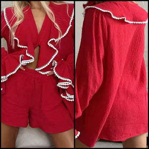 Women Red Ruffled Full Sleeve Fashion Two Piece Short Set