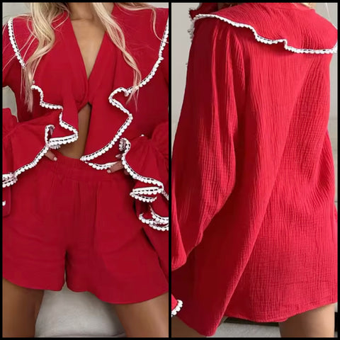 Women Red Ruffled Full Sleeve Fashion Two Piece Short Set