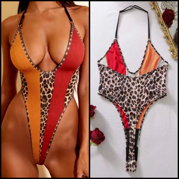 Women Sexy Color Patchwork Leopard Thong Bodysuit Lingerie