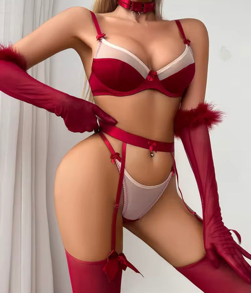 Women Sexy Burgundy Mesh Choker Lingerie Set