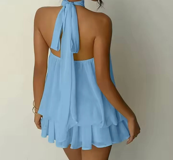 Women Sexy Halter Sleeveless Ruffled Mesh Dress
