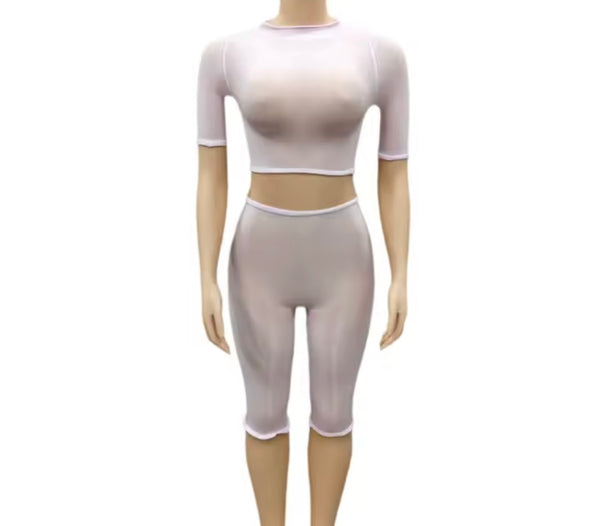 Women Sexy See Through Mesh Two Piece Capri Pant Set
