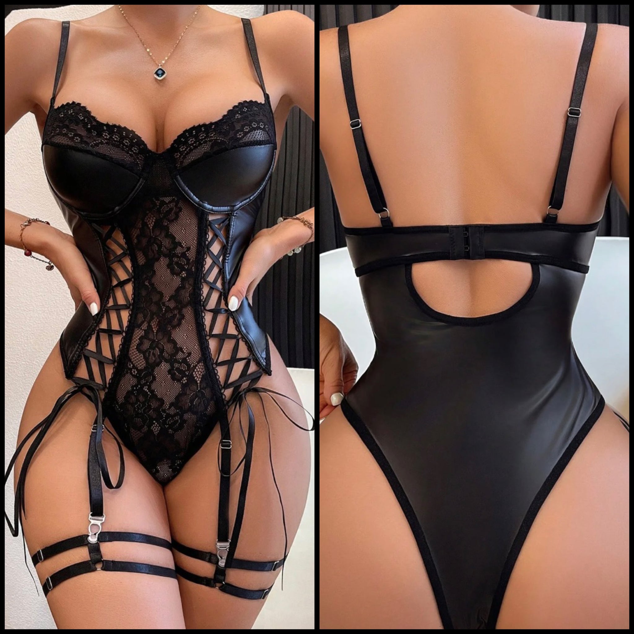 Women Black Sexy PU Lace Up Bodysuit Lingerie