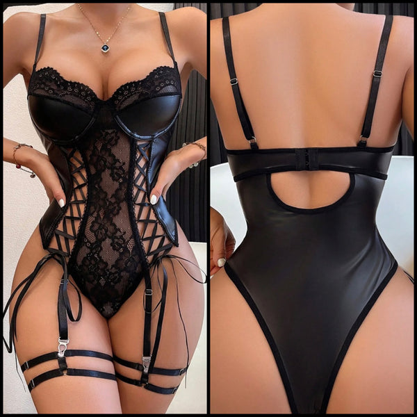 Women Black Sexy PU Lace Up Bodysuit Lingerie