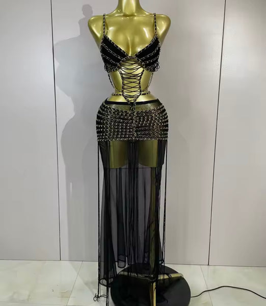 Women Black Sleeveless Chain Cut Out Sexy Maxi Dress