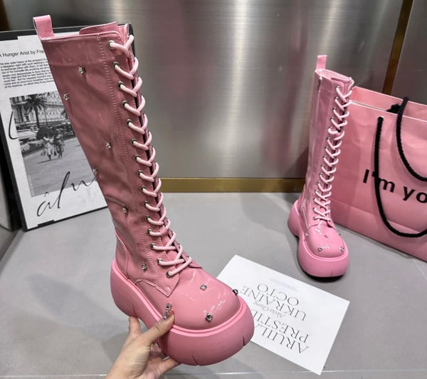 Women Fashion Platform Rhinestone Lace Up Ankle/Mid-Calf Boots