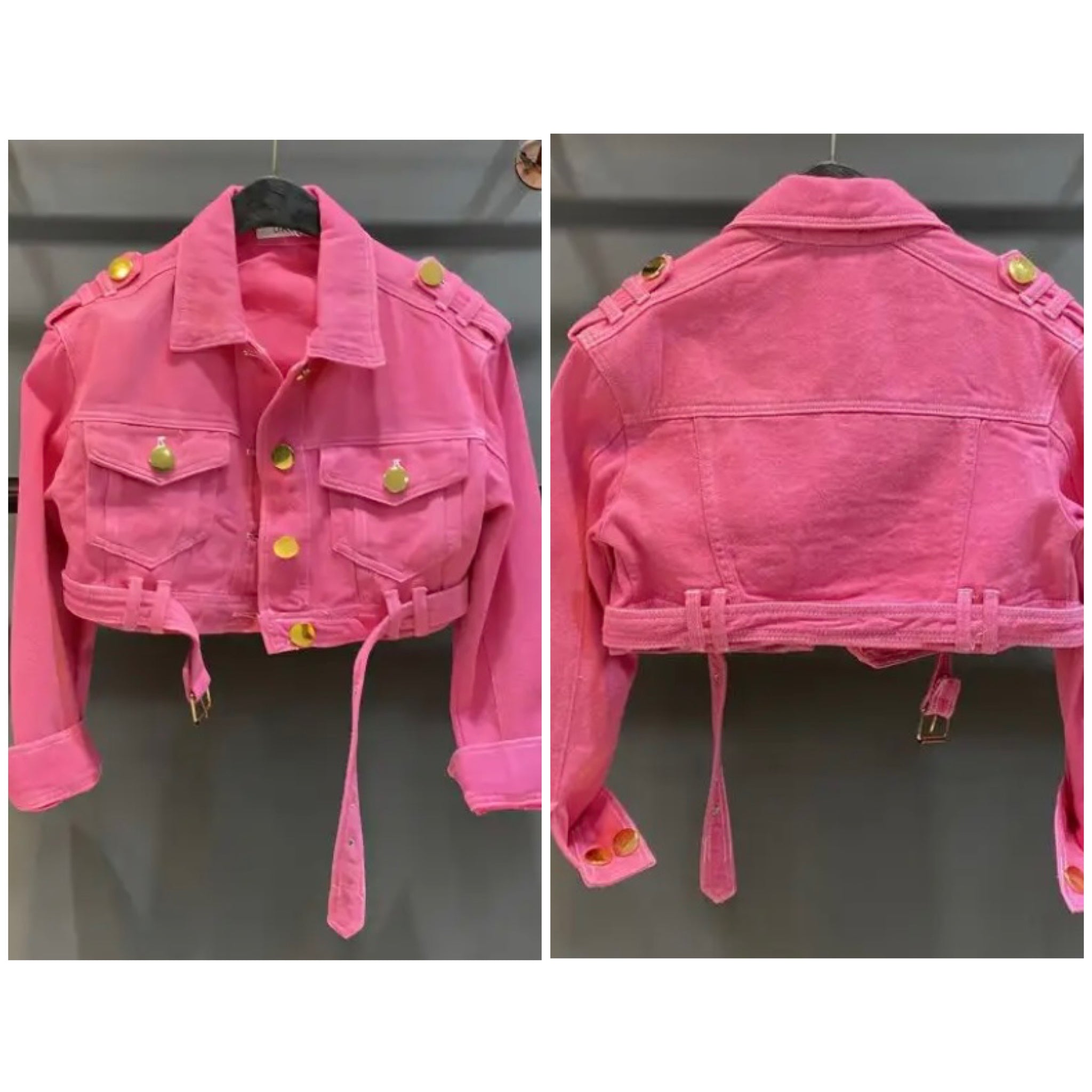 Women Pink Gold Button Belted Fashion Denim Jacket