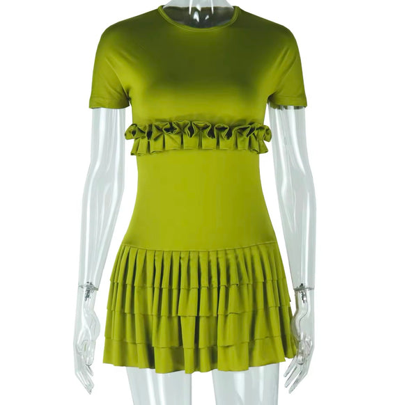 Women Sexy Ruffled Short Sleeve Solid Color Dress