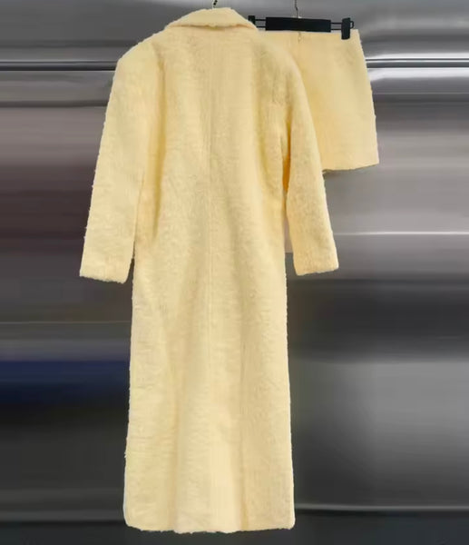 Women Yellow Fashion Furry Long Jacket Two Piece Skirt Set