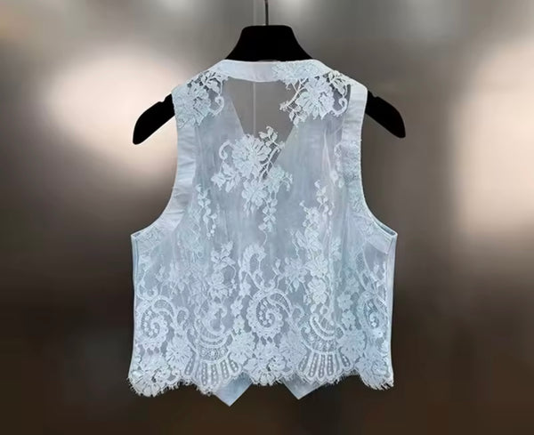 Women Button Up Sleeveless Mesh Vest Two Piece Short Set