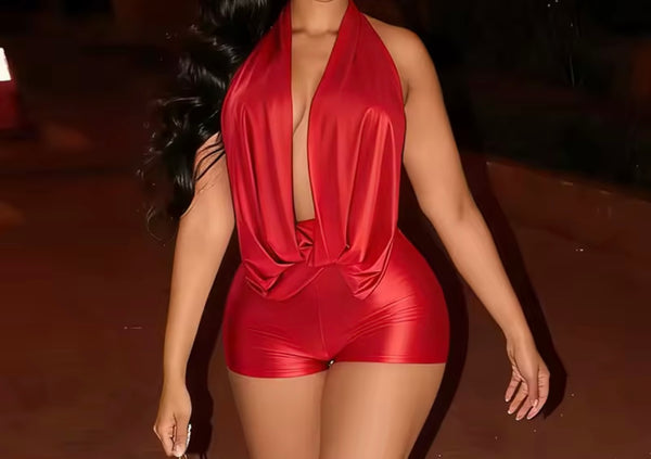 Women Sexy Draped Halter Sleeveless Open Back Romper