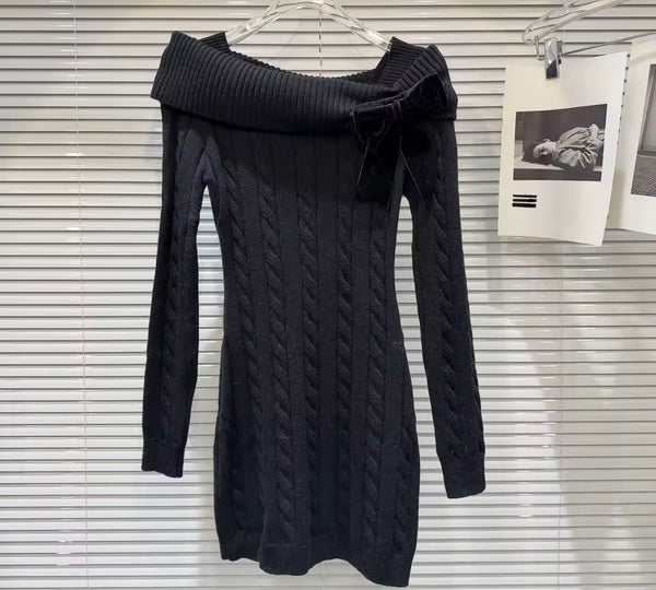 Women Sexy Off The Shoulder Bow Full Sleeve Sweater Dress