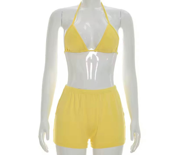 Women Sexy Mesh Full Flare Sleeve Three Piece Short Set