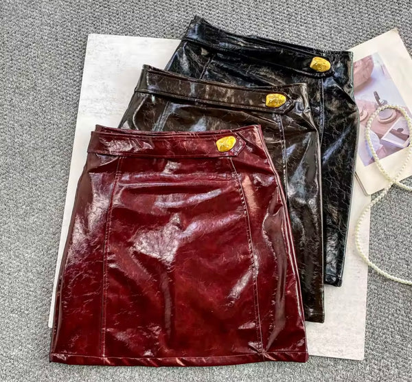 Women Fashion High Waist Metal PU Skirt
