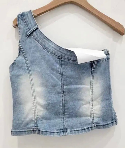 Women Fashion One Shoulder Color Crystal Denim Crop Top