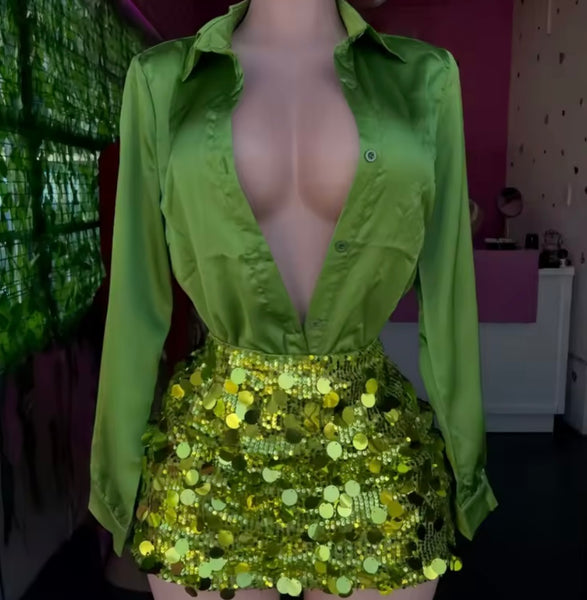 Women Sexy Deep V-Neck Full Sleeve Sequins Two Piece Skirt Set