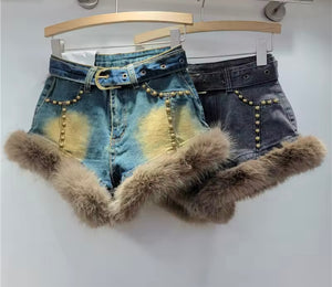 Women Fashion Rivet Faux Fur Patchwork Denim Shorts