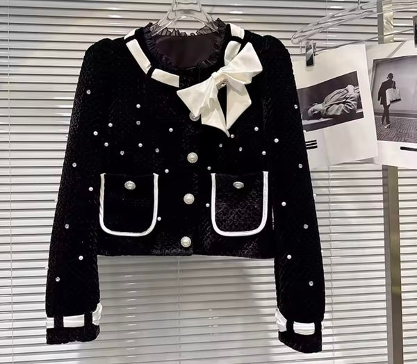 Women B&W Bow Rhinestone Button Up Blazer Two Piece Skirt Set