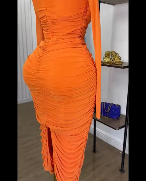 Women Sexy Orange Metal Ruched Full Sleeve Maxi Dress