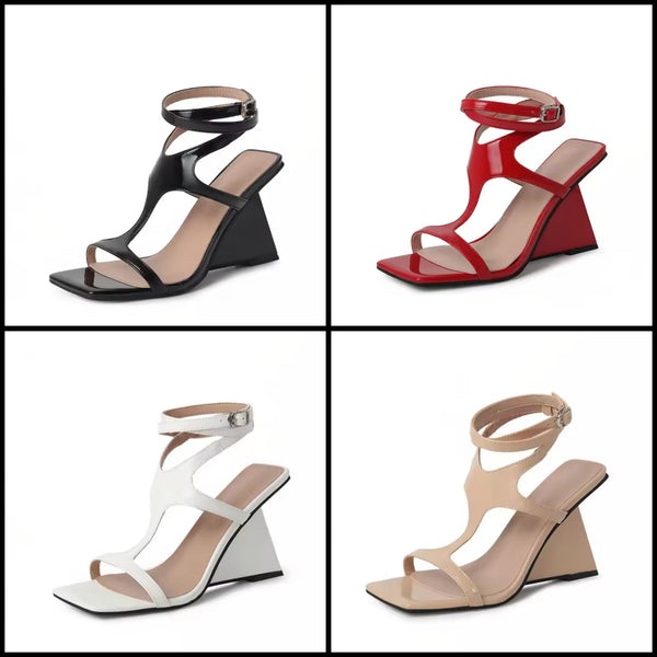 Women Fashion Patent Leather Lace Up Buckle Wedge Sandals
