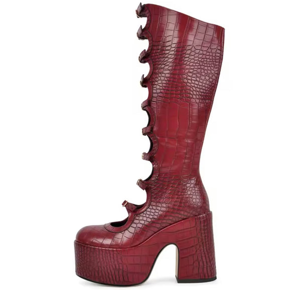 Women Round Toe Buckled Platform Knee High Boots