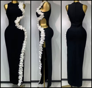 Women Sexy Sleeveless B&W Flower Cut Out Bandaged Maxi Dress