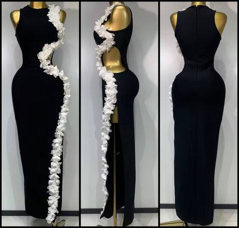 Women Sexy Sleeveless B&W Flower Cut Out Bandaged Maxi Dress