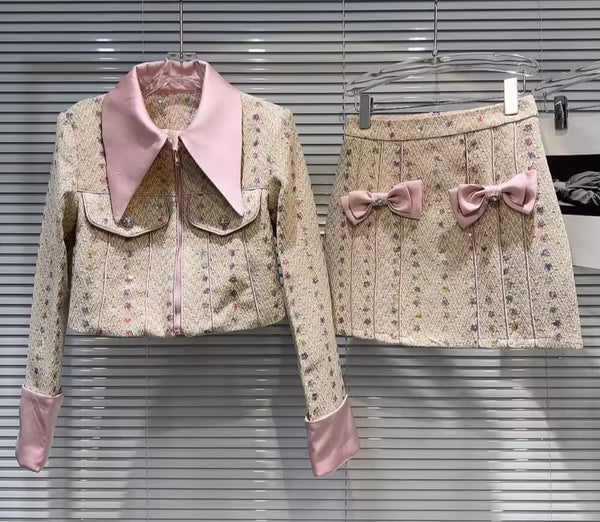 Women Sequins Bow Full Sleeve Blazer Two Piece Tweed Skirt Set