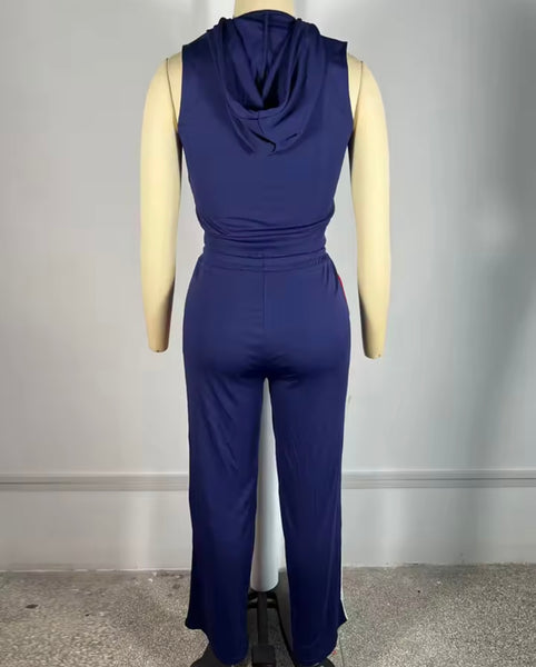 Women Sleeveless Hooded Color Patchwork Two Piece Tracksuit Pant Set