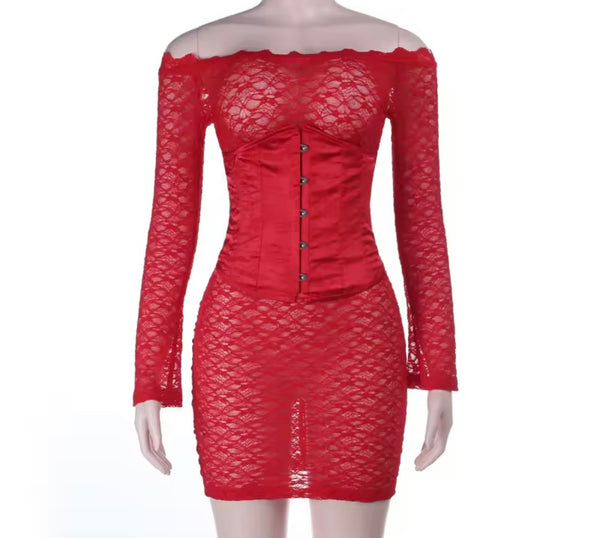Women Red Sexy Lace Corset Full Sleeve Dress