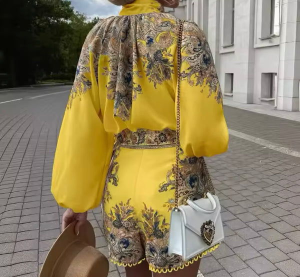 Women Fashion Printed Button Up Full Sleeve Two Piece Short Set