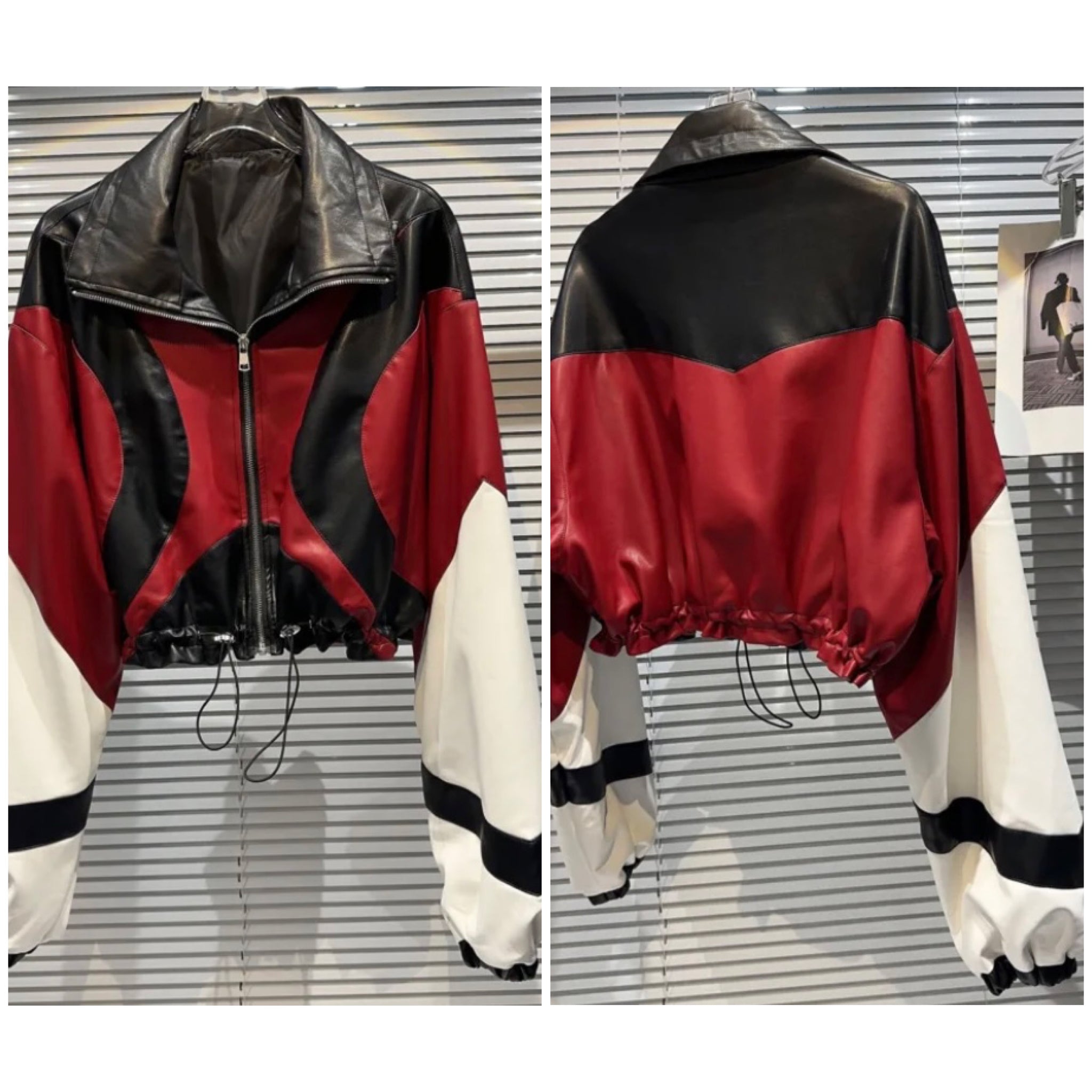 Women Fashion Color Patchwork Drawstring Faux Leather Jacket