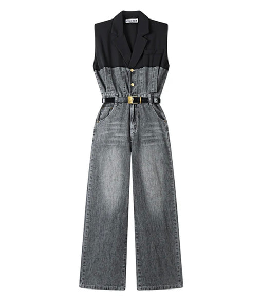 Women Fashion Sleeveless Button Up Denim Jumpsuit