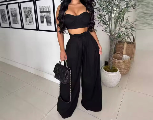 Women Color Sleeveless Crop Fashion Two Piece Wide Leg Pant Set