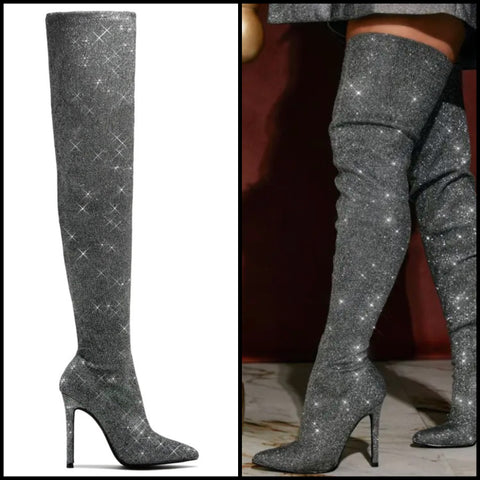 Women Pointed Toe Gray Bling Over The Knee Fashion Boots