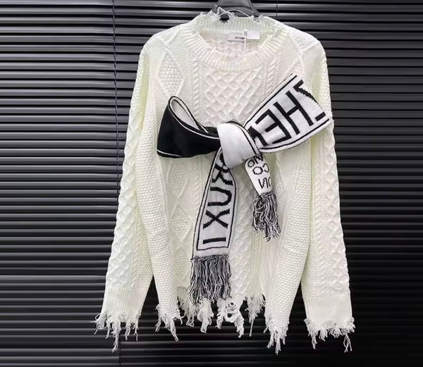 Women Fashion Letter Print Bow Full Sleeve Knitted Sweater Top