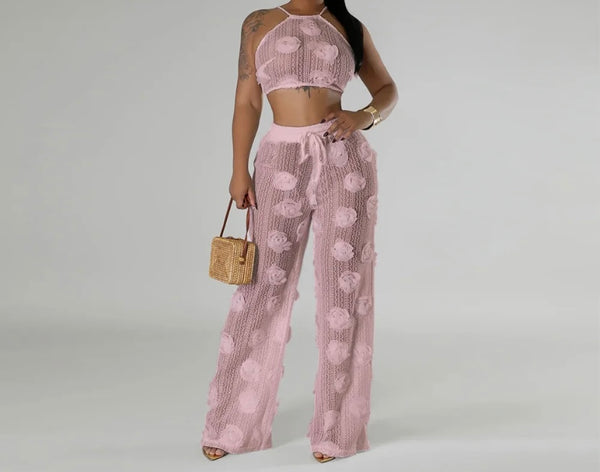 Women Sexy Halter Sleeveless Floral Two Piece Pant Set